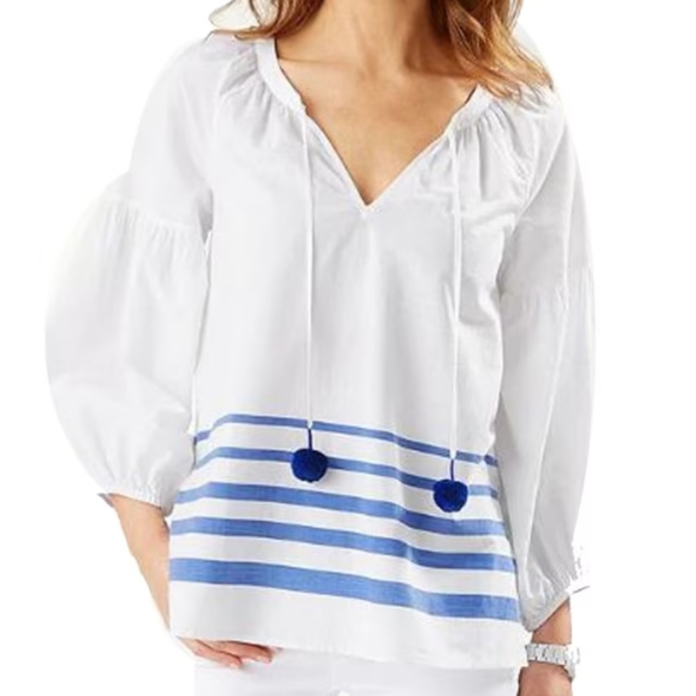 Tommy Bahama Pom Stripe 3/4 Sleeve Cotton Top, Turkish Sea Size L